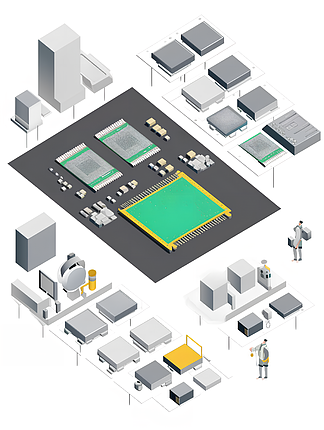 半導(dǎo)體芯片制造工廠的插畫與集成電路設(shè)計(jì)元素